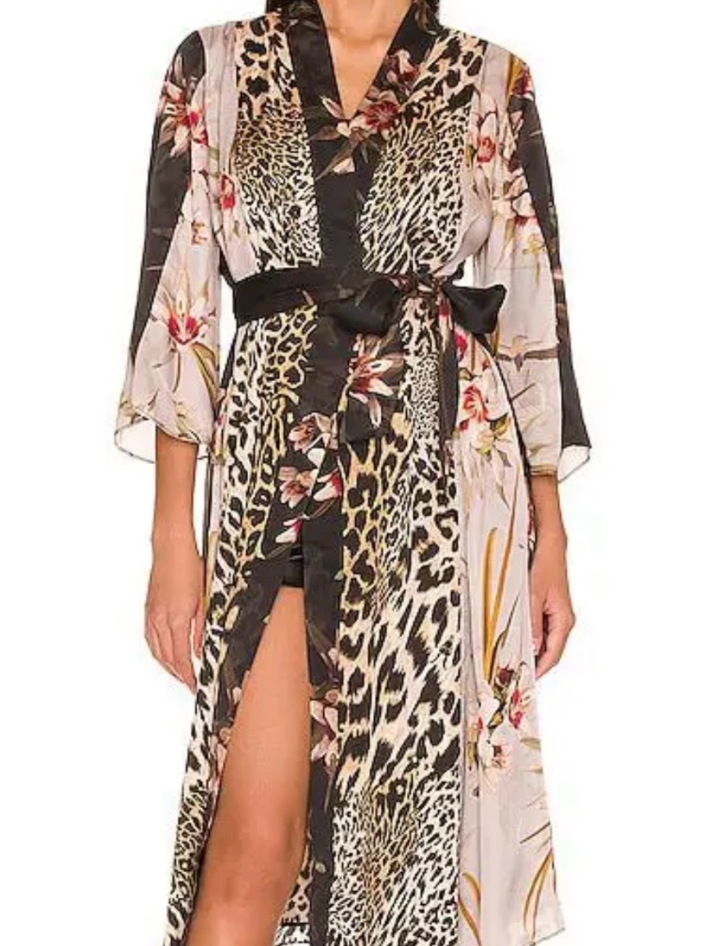 All Saints Floral & Leopard Satin Kimono Robe in Black and Cream